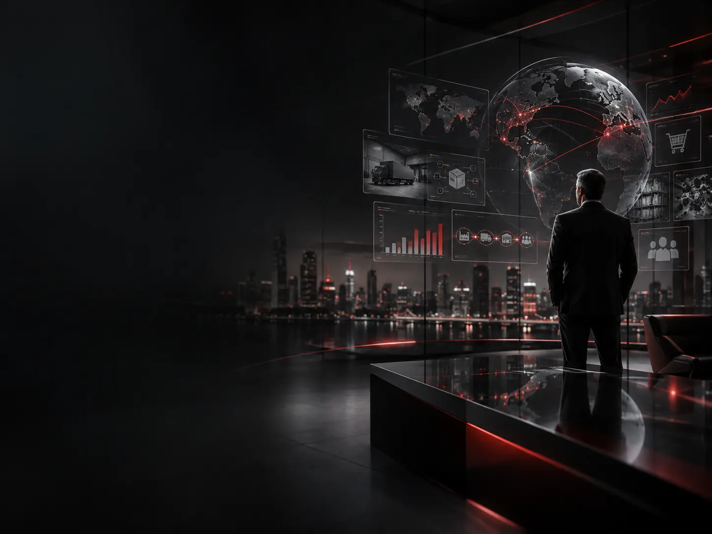 Escena empresarial con visualización global de datos y soluciones digitales conectadas